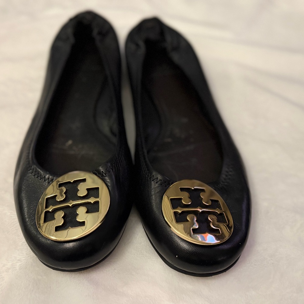 Tory Burch Black Flats with Gold Emblem